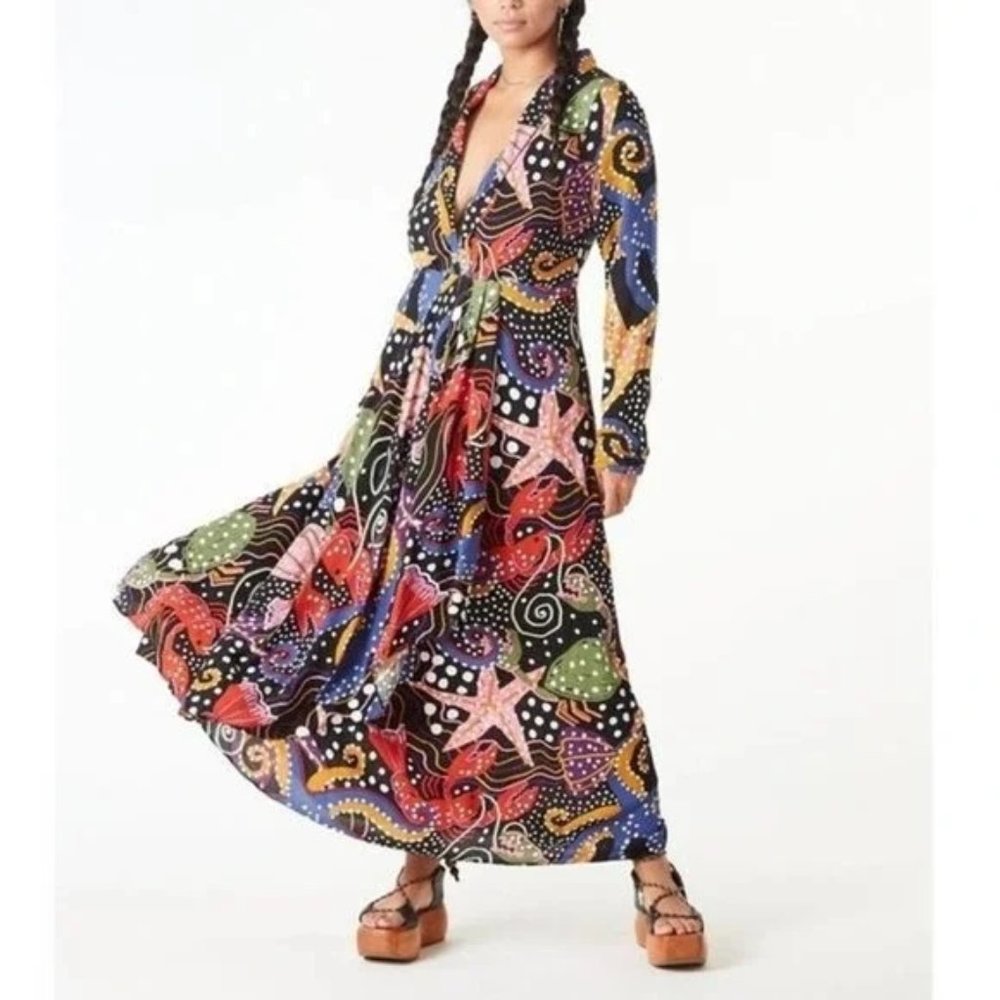 Farm Rio Under The Sea Long Sleeve V-neck Maxi Dress NEW